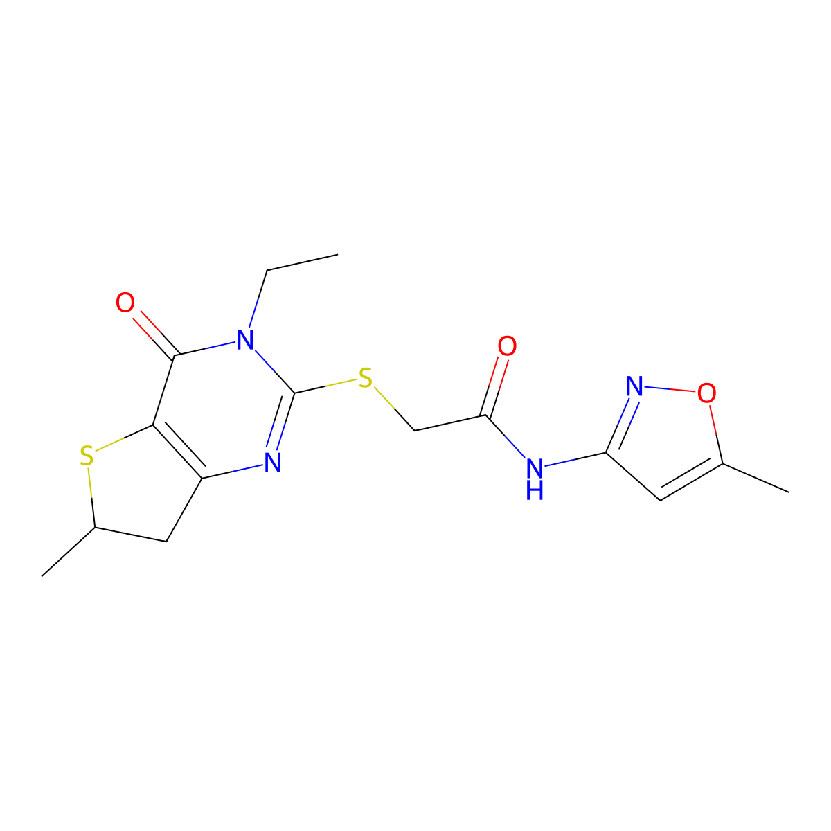 2-[(3-ethyl-6-methyl-4-oxo-6,7-dihydrothieno[3,2-d]pyrimidin-2-yl)sulfanyl]-N-(5-methyl-1,2-oxazol-3-yl)acetamide molecular structure, CAS 851409-57-9