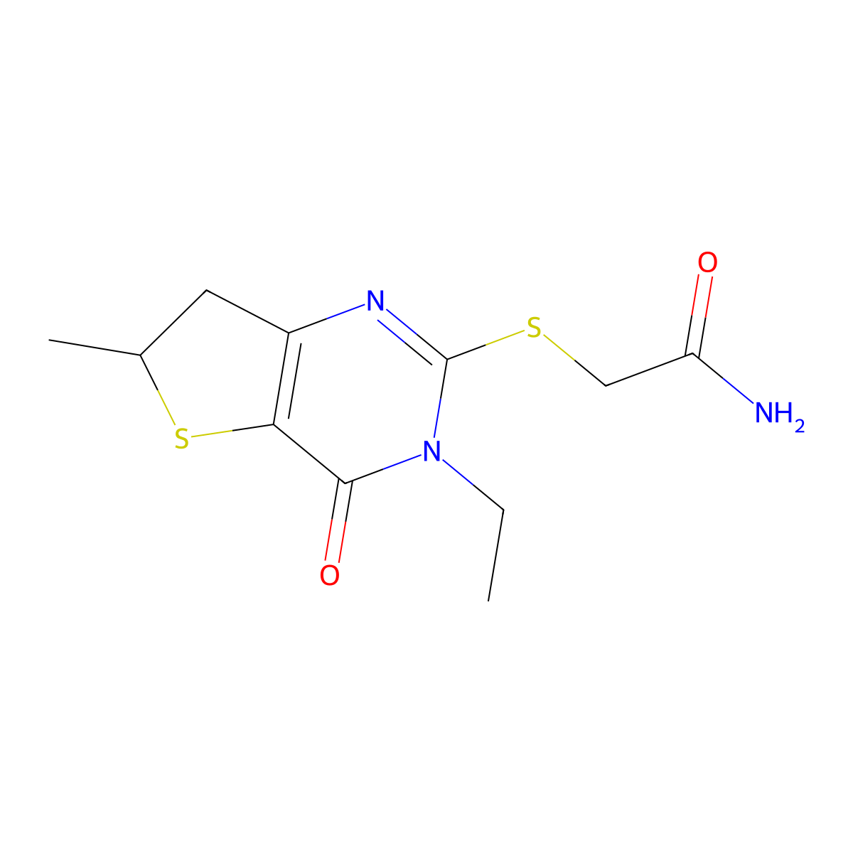2-((3-Ethyl-6-methyl-4-oxo-3,4,6,7-tetrahydrothieno[3,2-d]pyrimidin-2-yl)thio)acetamide molecular structure, CAS 851409-59-1