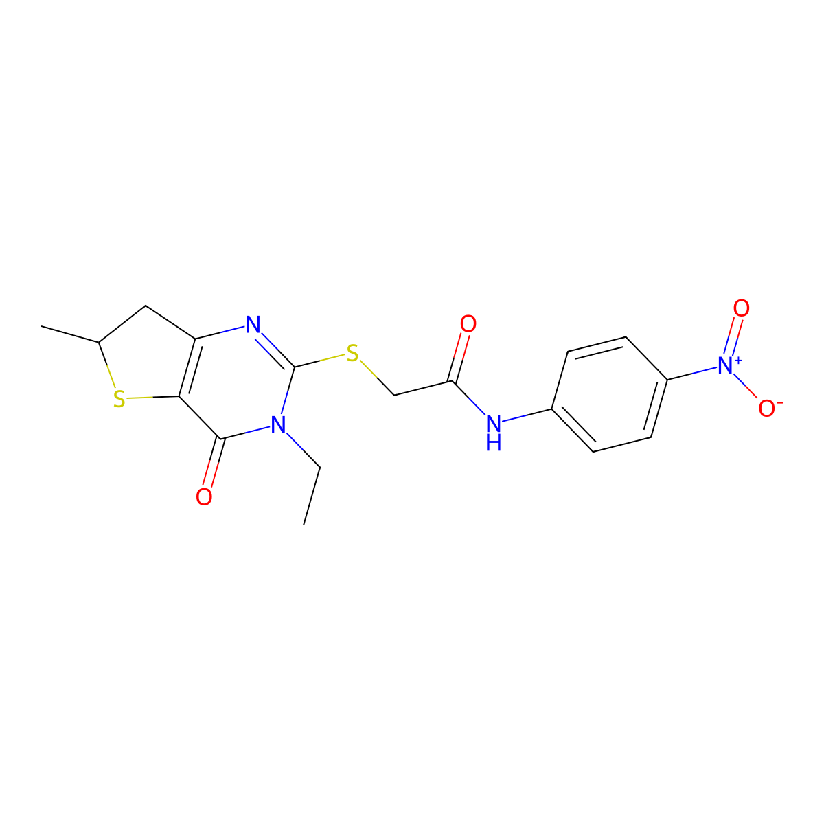 2-((3-ethyl-6-methyl-4-oxo-3,4,6,7-tetrahydrothieno[3,2-d]pyrimidin-2-yl)thio)-N-(4-nitrophenyl)acetamide molecular structure, CAS 851409-60-4