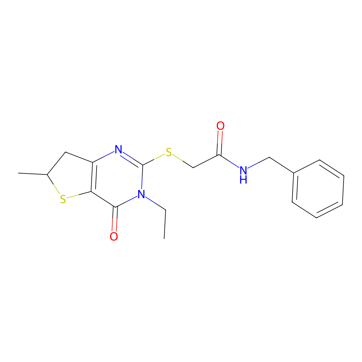 N-benzyl-2-[(3-ethyl-6-methyl-4-oxo-6,7-dihydrothieno[3,2-d]pyrimidin-2-yl)sulfanyl]acetamide molecular structure, CAS 851409-69-3