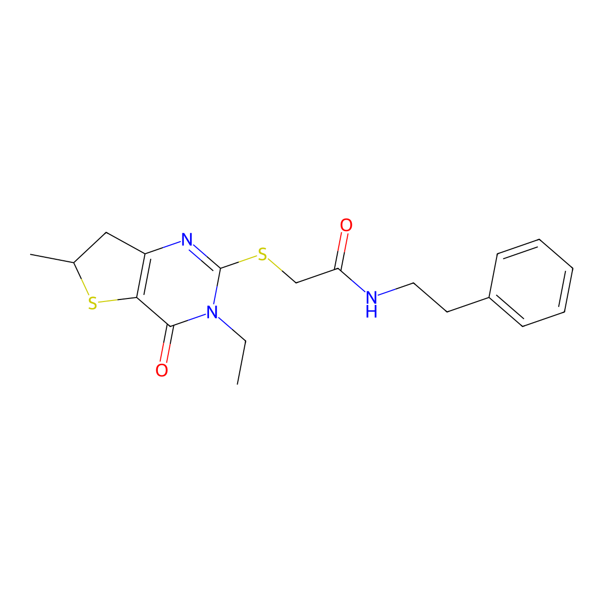 2-((3-ethyl-6-methyl-4-oxo-3,4,6,7-tetrahydrothieno[3,2-d]pyrimidin-2-yl)thio)-N-phenethylacetamide molecular structure, CAS 851409-71-7