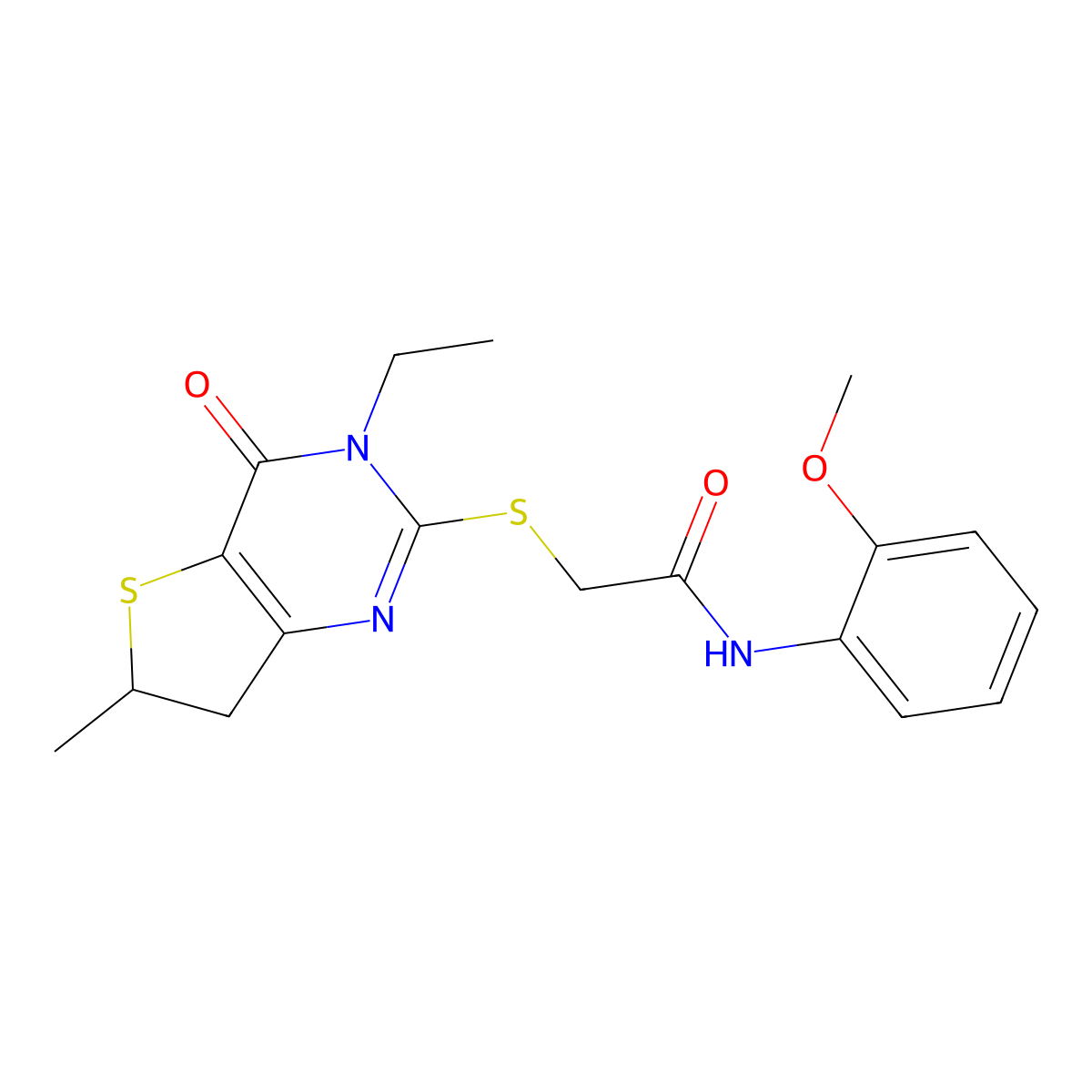 2-[(3-ethyl-6-methyl-4-oxo-6,7-dihydrothieno[3,2-d]pyrimidin-2-yl)sulfanyl]-N-(2-methoxyphenyl)acetamide molecular structure, CAS 851409-75-1
