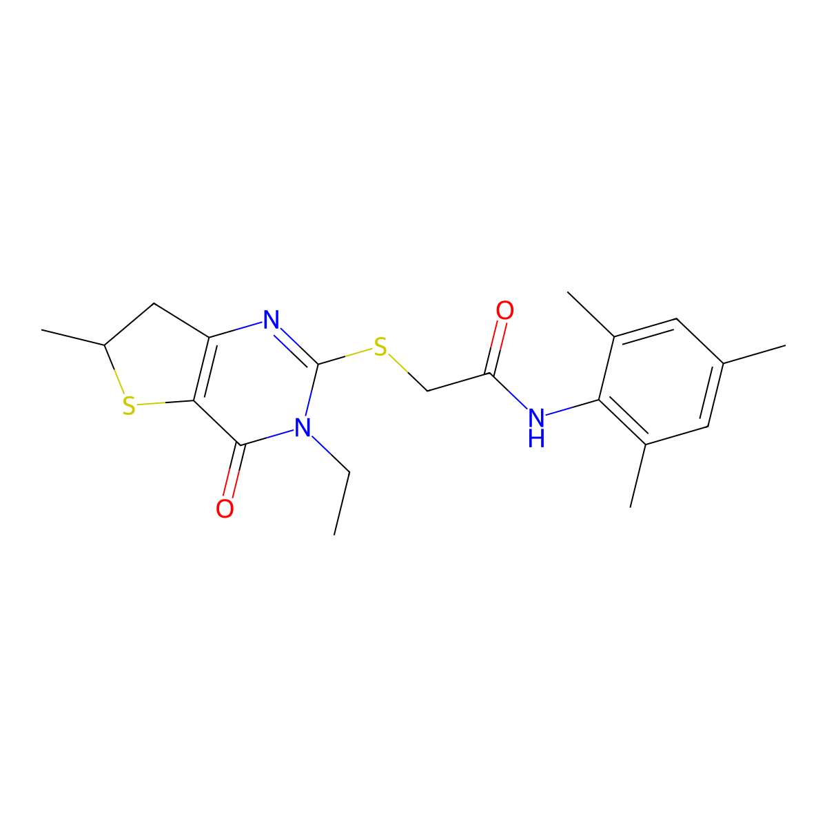 2-((3-ethyl-6-methyl-4-oxo-3,4,6,7-tetrahydrothieno[3,2-d]pyrimidin-2-yl)thio)-N-mesitylacetamide molecular structure, CAS 851409-78-4