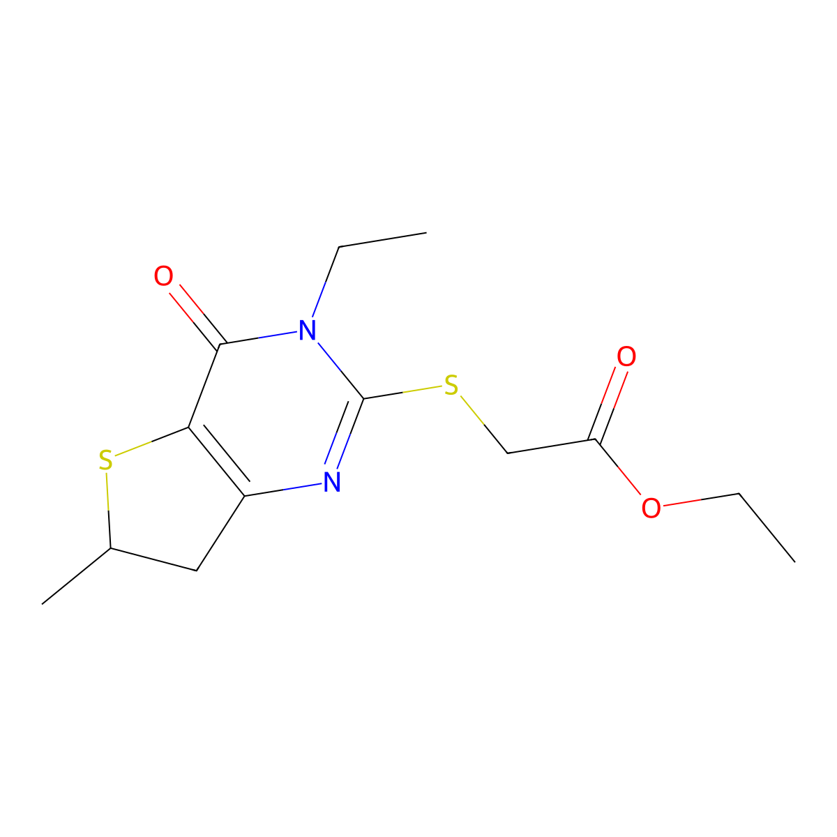 Ethyl 2-((3-ethyl-6-methyl-4-oxo-3,4,6,7-tetrahydrothieno[3,2-d]pyrimidin-2-yl)thio)acetate molecular structure, CAS 851409-83-1