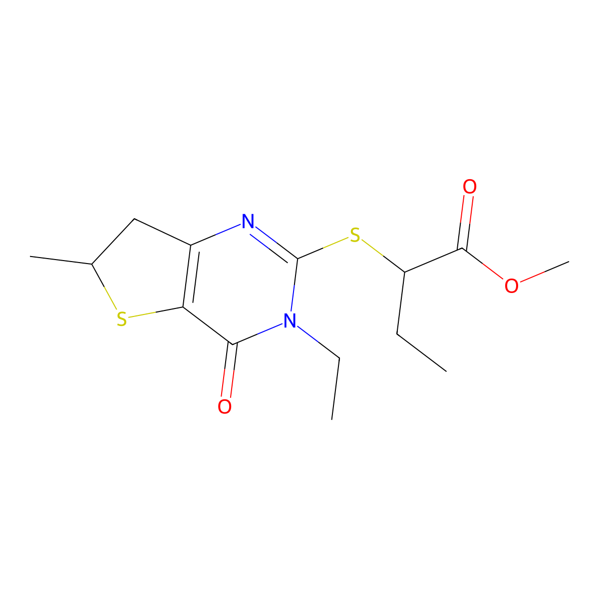 Methyl 2-((3-ethyl-6-methyl-4-oxo-3,4,6,7-tetrahydrothieno[3,2-d]pyrimidin-2-yl)thio)butanoate molecular structure, CAS 851409-84-2