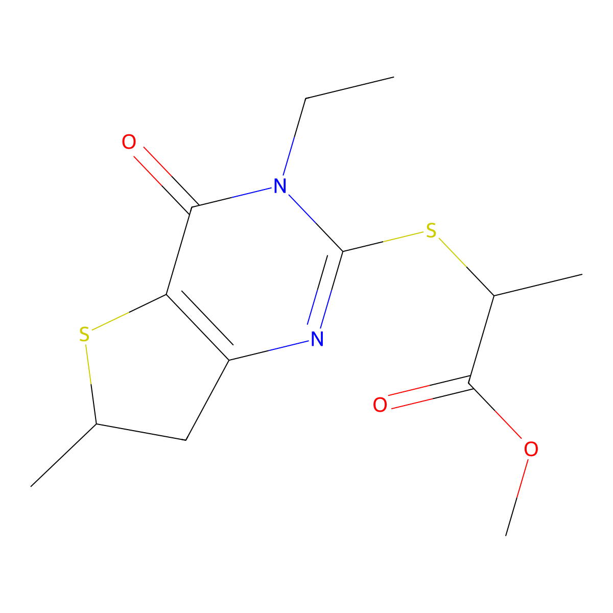 Methyl 2-[(3-ethyl-6-methyl-4-oxo-6,7-dihydrothieno[3,2-d]pyrimidin-2-yl)sulfanyl]propanoate molecular structure, CAS 851409-85-3