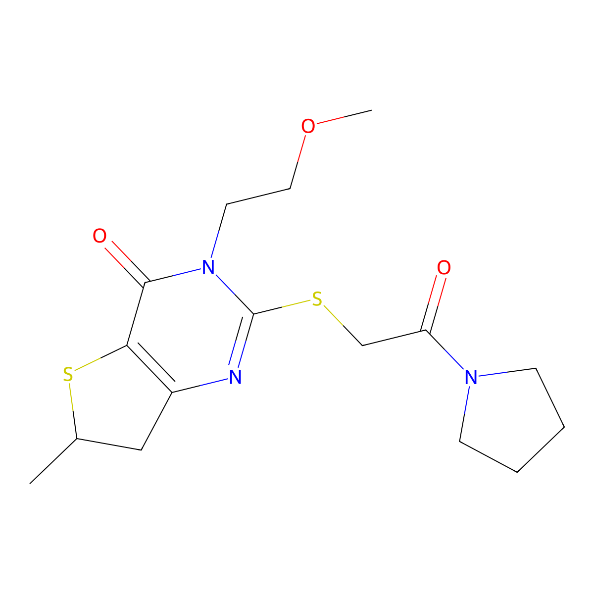 3-(2-methoxyethyl)-6-methyl-2-((2-oxo-2-(pyrrolidin-1-yl)ethyl)thio)-6,7-dihydrothieno[3,2-d]pyrimidin-4(3H)-one molecular structure, CAS 851409-88-6