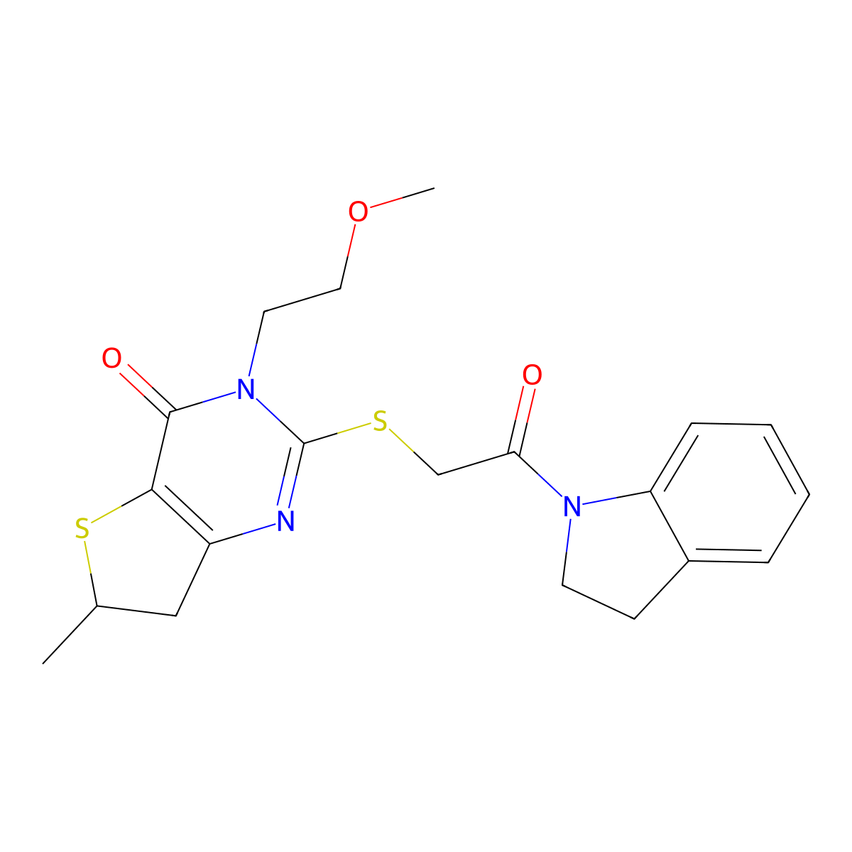 2-[2-(2,3-Dihydroindol-1-yl)-2-oxoethyl]sulfanyl-3-(2-methoxyethyl)-6-methyl-6,7-dihydrothieno[3,2-d]pyrimidin-4-one molecular structure, CAS 851409-93-3