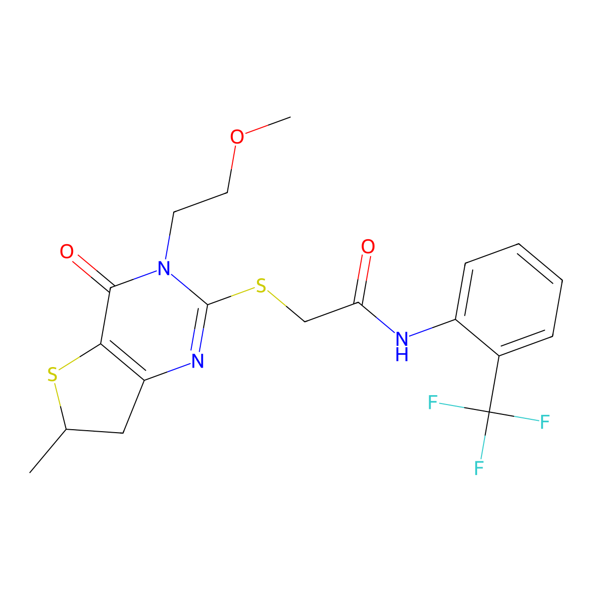 2-((3-(2-methoxyethyl)-6-methyl-4-oxo-3,4,6,7-tetrahydrothieno[3,2-d]pyrimidin-2-yl)thio)-N-(2-(trifluoromethyl)phenyl)acetamide molecular structure, CAS 851409-98-8