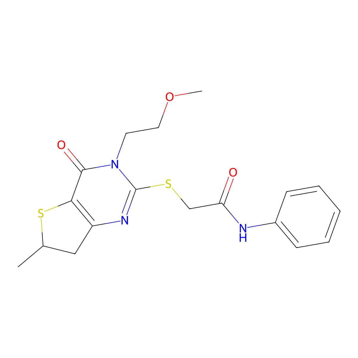 2-((3-(2-methoxyethyl)-6-methyl-4-oxo-3,4,6,7-tetrahydrothieno[3,2-d]pyrimidin-2-yl)thio)-N-phenylacetamide molecular structure, CAS 851409-99-9