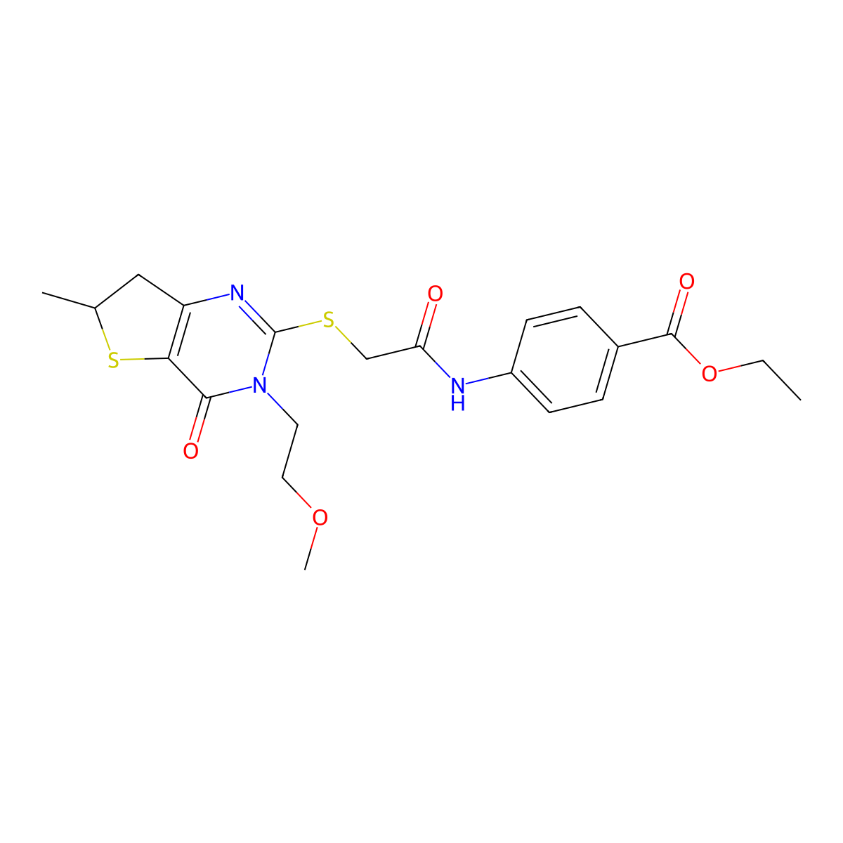 Ethyl 4-[[2-[[3-(2-methoxyethyl)-6-methyl-4-oxo-6,7-dihydrothieno[3,2-d]pyrimidin-2-yl]sulfanyl]acetyl]amino]benzoate molecular structure, CAS 851410-00-9