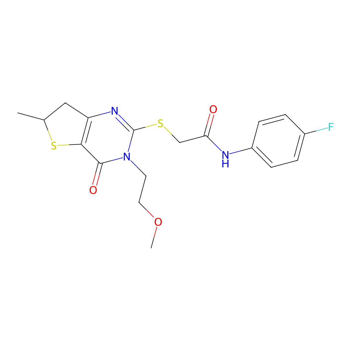 N-(4-fluorophenyl)-2-((3-(2-methoxyethyl)-6-methyl-4-oxo-3,4,6,7-tetrahydrothieno[3,2-d]pyrimidin-2-yl)thio)acetamide molecular structure, CAS 851410-02-1
