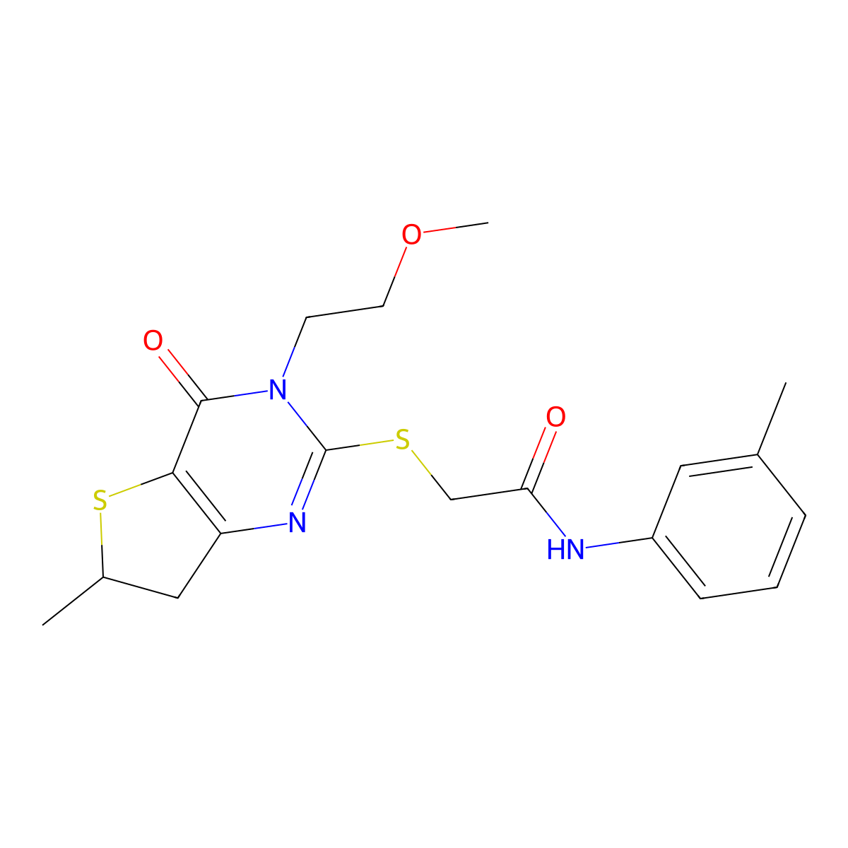 2-((3-(2-methoxyethyl)-6-methyl-4-oxo-3,4,6,7-tetrahydrothieno[3,2-d]pyrimidin-2-yl)thio)-N-(m-tolyl)acetamide molecular structure, CAS 851410-06-5