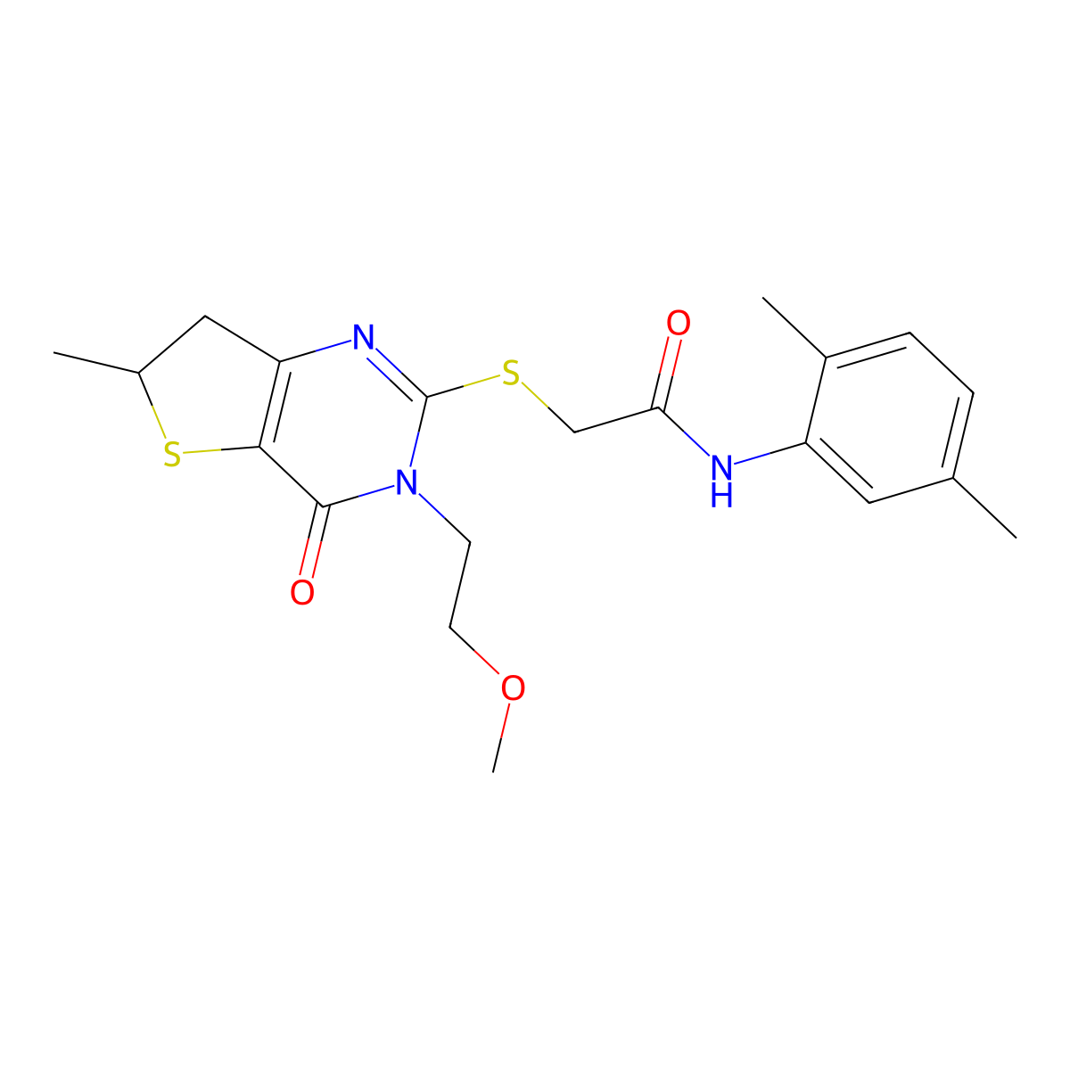 N-(2,5-dimethylphenyl)-2-[[3-(2-methoxyethyl)-6-methyl-4-oxo-6,7-dihydrothieno[3,2-d]pyrimidin-2-yl]sulfanyl]acetamide molecular structure, CAS 851410-09-8