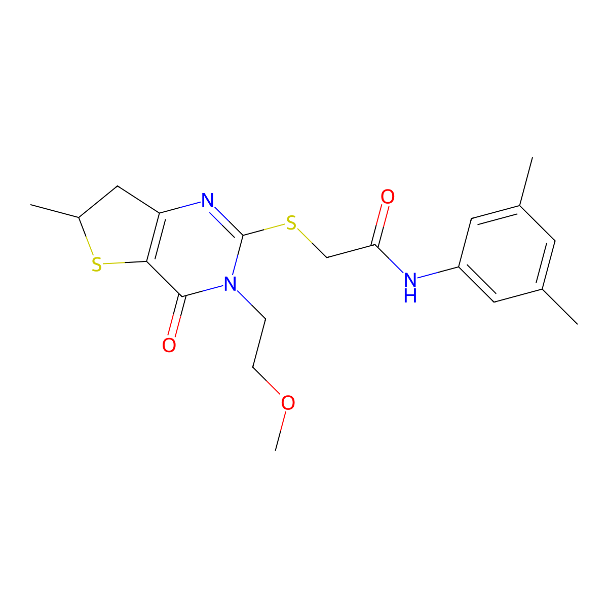 N-(3,5-dimethylphenyl)-2-((3-(2-methoxyethyl)-6-methyl-4-oxo-3,4,6,7-tetrahydrothieno[3,2-d]pyrimidin-2-yl)thio)acetamide molecular structure, CAS 851410-11-2