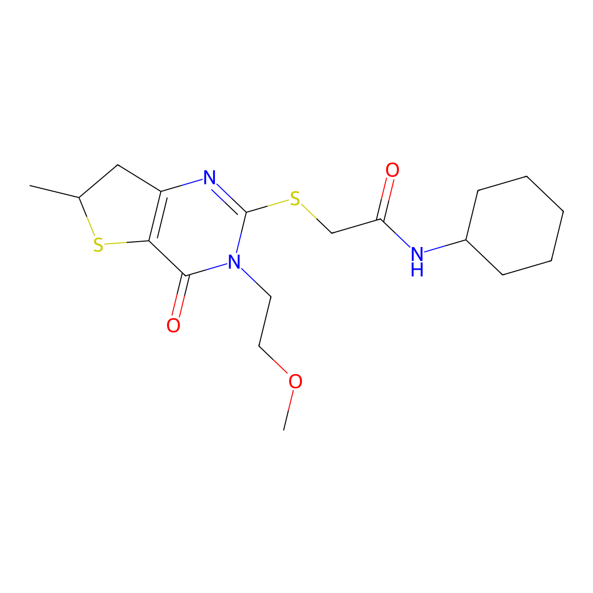 N-cyclohexyl-2-((3-(2-methoxyethyl)-6-methyl-4-oxo-3,4,6,7-tetrahydrothieno[3,2-d]pyrimidin-2-yl)thio)acetamide molecular structure, CAS 851410-13-4