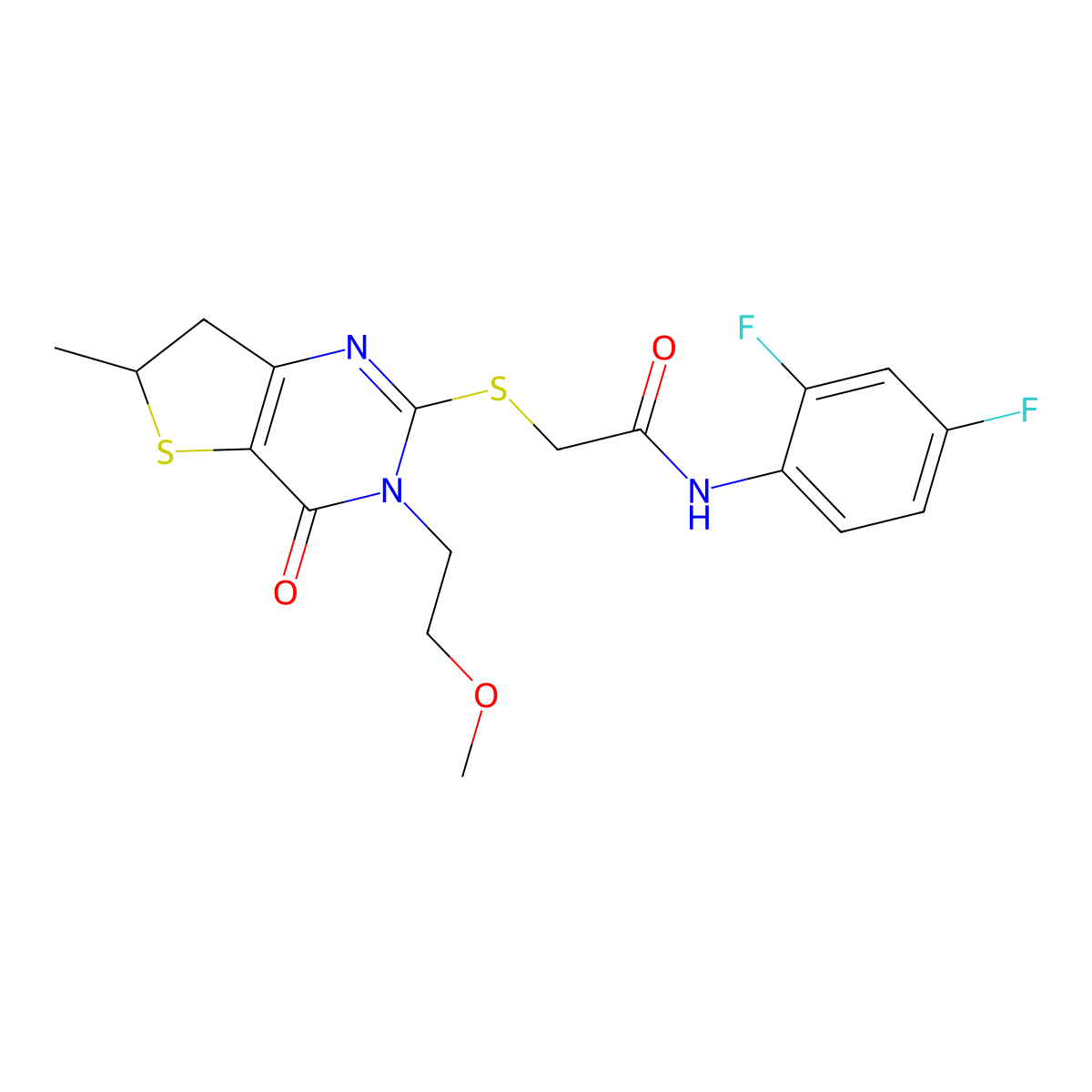 N-(2,4-difluorophenyl)-2-((3-(2-methoxyethyl)-6-methyl-4-oxo-3,4,6,7-tetrahydrothieno[3,2-d]pyrimidin-2-yl)thio)acetamide molecular structure, CAS 851410-16-7