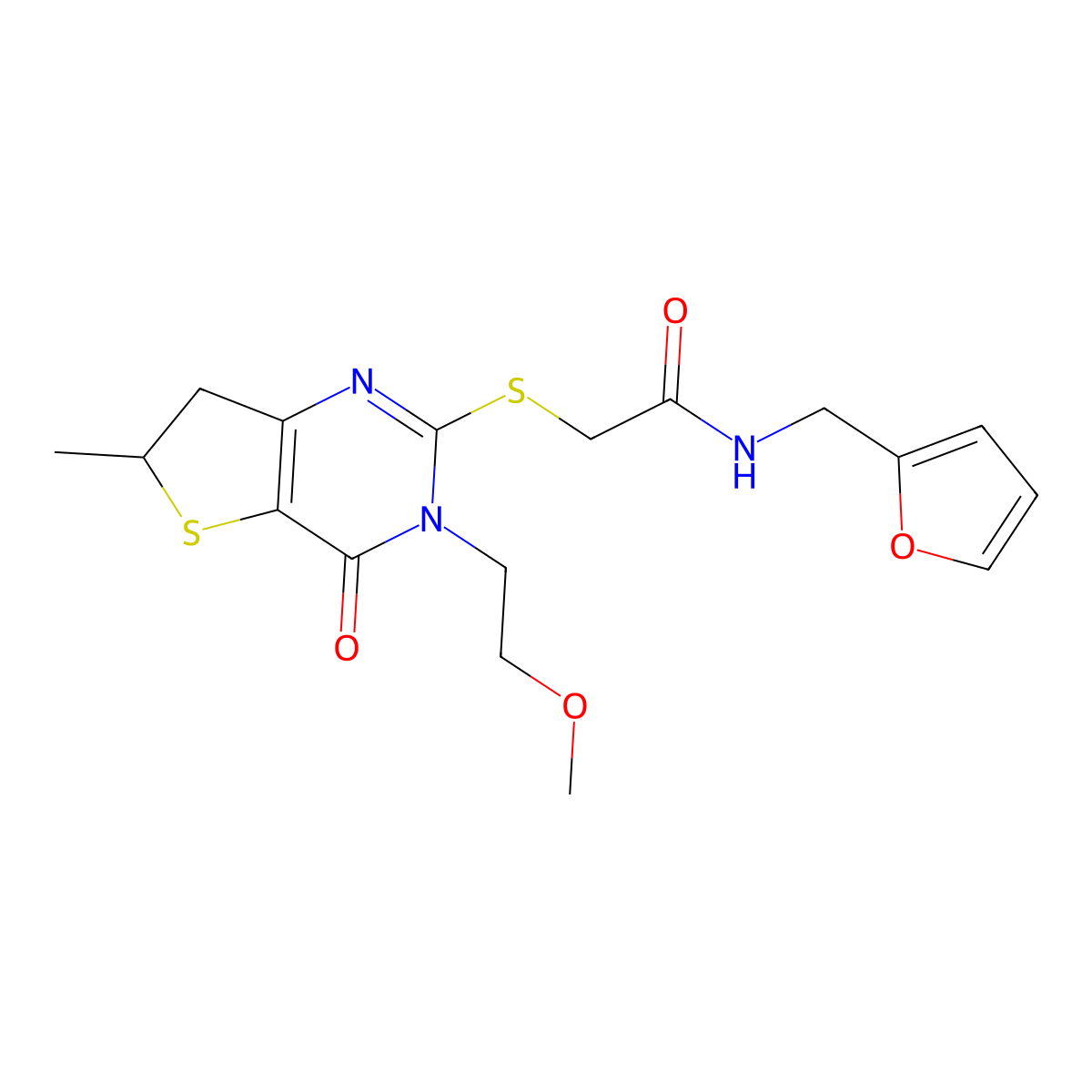 N-(furan-2-ylmethyl)-2-((3-(2-methoxyethyl)-6-methyl-4-oxo-3,4,6,7-tetrahydrothieno[3,2-d]pyrimidin-2-yl)thio)acetamide molecular structure, CAS 851410-18-9