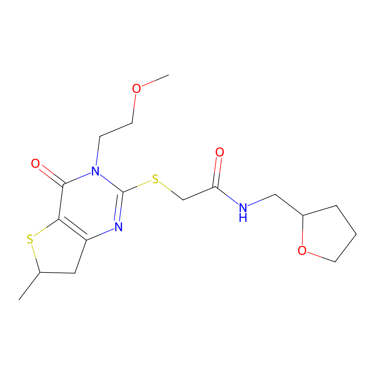 2-[[3-(2-methoxyethyl)-6-methyl-4-oxo-6,7-dihydrothieno[3,2-d]pyrimidin-2-yl]sulfanyl]-N-(oxolan-2-ylmethyl)acetamide molecular structure, CAS 851410-19-0