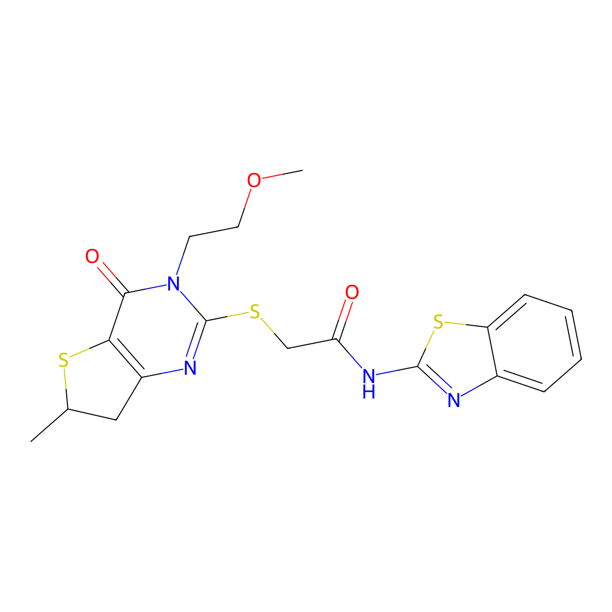 N-(benzo[d]thiazol-2-yl)-2-((3-(2-methoxyethyl)-6-methyl-4-oxo-3,4,6,7-tetrahydrothieno[3,2-d]pyrimidin-2-yl)thio)acetamide molecular structure, CAS 851410-20-3