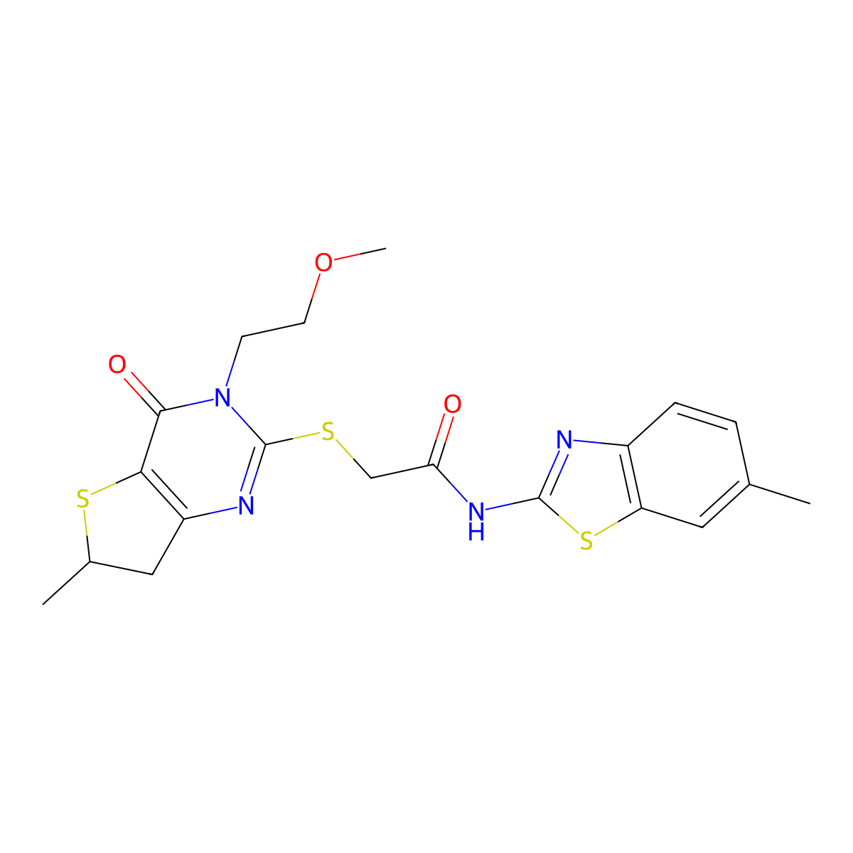 2-((3-(2-methoxyethyl)-6-methyl-4-oxo-3,4,6,7-tetrahydrothieno[3,2-d]pyrimidin-2-yl)thio)-N-(6-methylbenzo[d]thiazol-2-yl)acetamide molecular structure, CAS 851410-21-4
