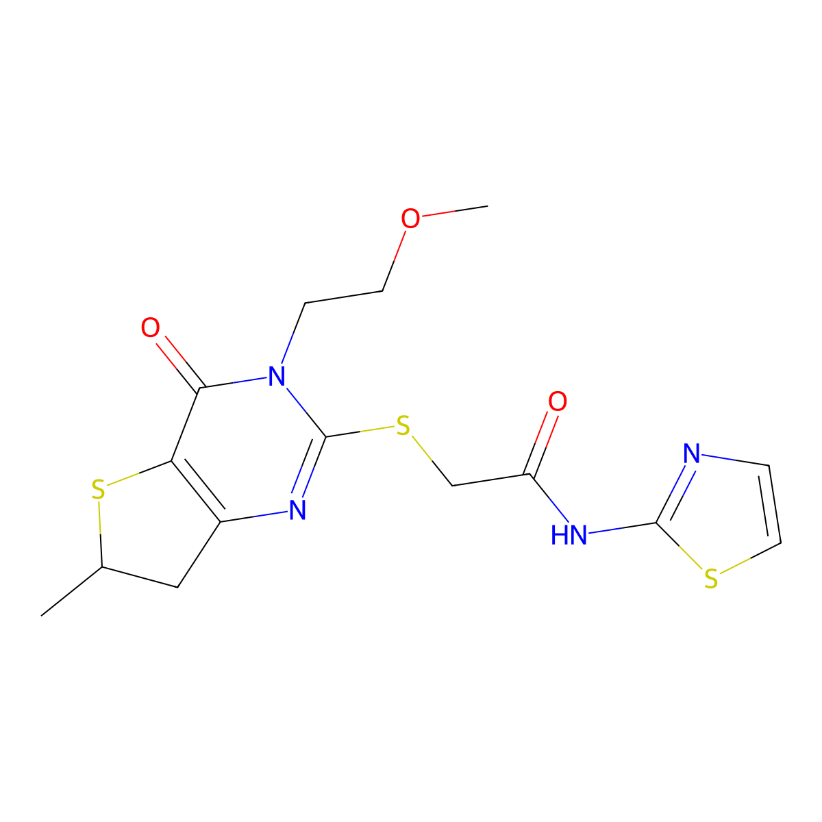 2-((3-(2-methoxyethyl)-6-methyl-4-oxo-3,4,6,7-tetrahydrothieno[3,2-d]pyrimidin-2-yl)thio)-N-(thiazol-2-yl)acetamide molecular structure, CAS 851410-22-5