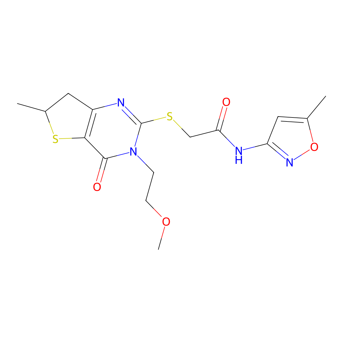 2-((3-(2-methoxyethyl)-6-methyl-4-oxo-3,4,6,7-tetrahydrothieno[3,2-d]pyrimidin-2-yl)thio)-N-(5-methylisoxazol-3-yl)acetamide molecular structure, CAS 851410-23-6