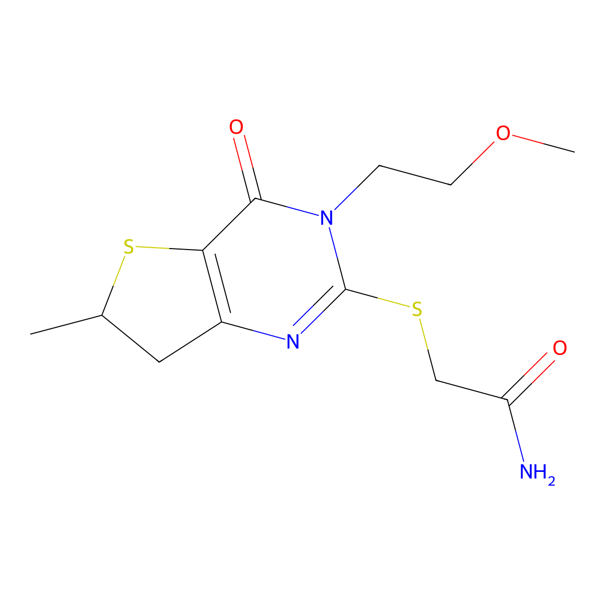 2-((3-(2-Methoxyethyl)-6-methyl-4-oxo-3,4,6,7-tetrahydrothieno[3,2-d]pyrimidin-2-yl)thio)acetamide molecular structure, CAS 851410-24-7