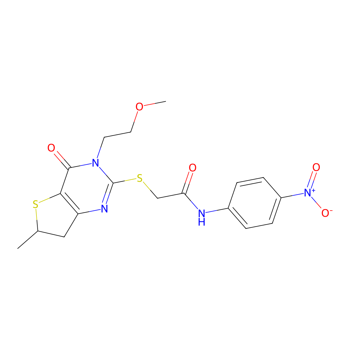 2-[[3-(2-methoxyethyl)-6-methyl-4-oxo-6,7-dihydrothieno[3,2-d]pyrimidin-2-yl]sulfanyl]-N-(4-nitrophenyl)acetamide molecular structure, CAS 851410-25-8