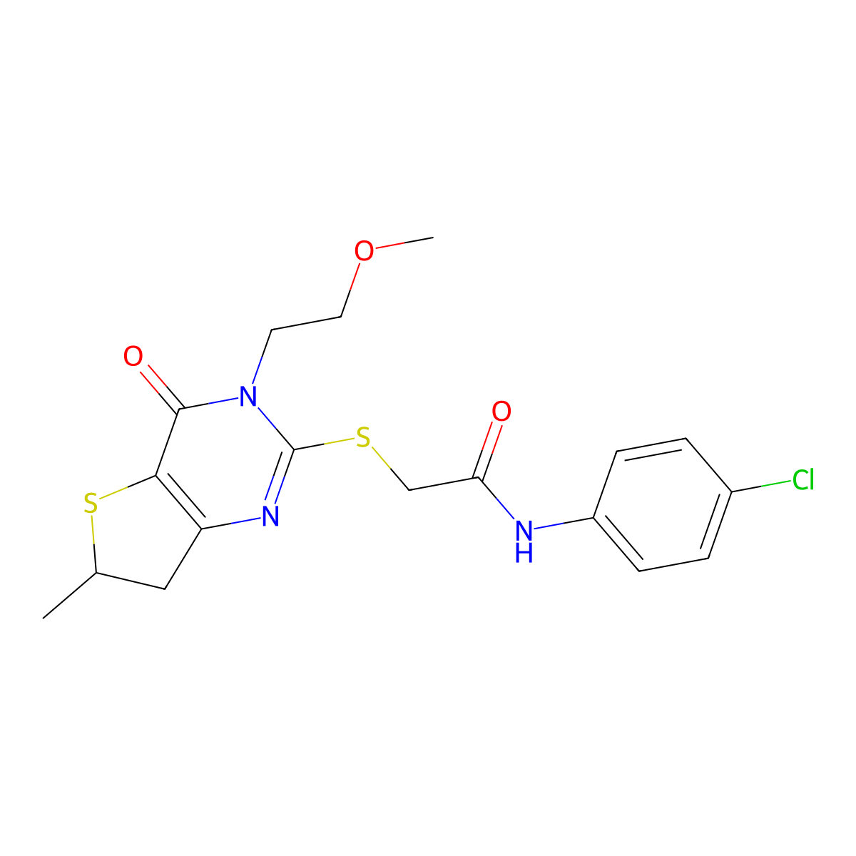 N-(4-chlorophenyl)-2-((3-(2-methoxyethyl)-6-methyl-4-oxo-3,4,6,7-tetrahydrothieno[3,2-d]pyrimidin-2-yl)thio)acetamide molecular structure, CAS 851410-27-0