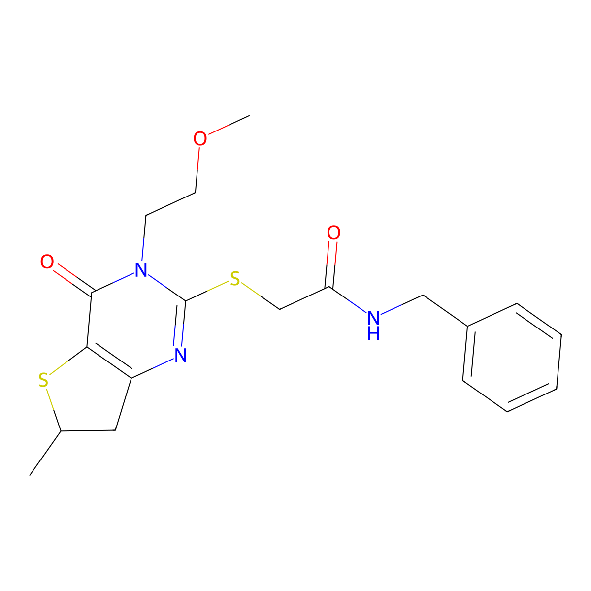 N-benzyl-2-((3-(2-methoxyethyl)-6-methyl-4-oxo-3,4,6,7-tetrahydrothieno[3,2-d]pyrimidin-2-yl)thio)acetamide molecular structure, CAS 851410-34-9
