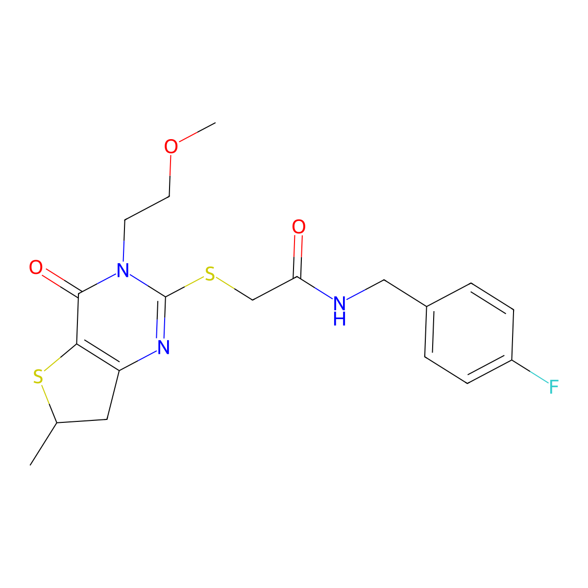 N-[(4-fluorophenyl)methyl]-2-[[3-(2-methoxyethyl)-6-methyl-4-oxo-6,7-dihydrothieno[3,2-d]pyrimidin-2-yl]sulfanyl]acetamide molecular structure, CAS 851410-35-0
