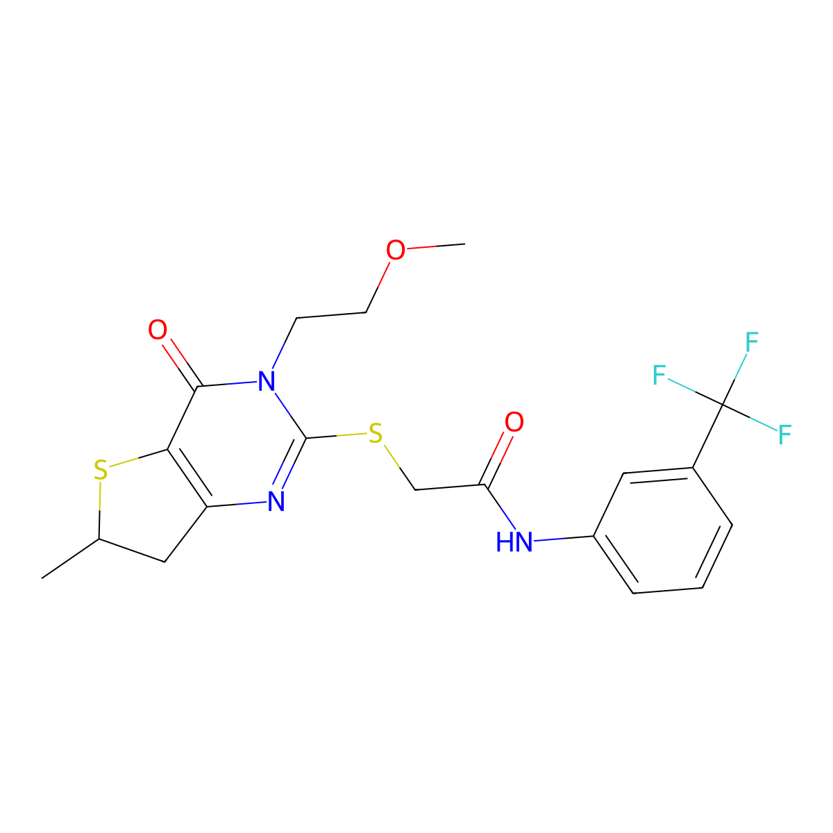 2-((3-(2-methoxyethyl)-6-methyl-4-oxo-3,4,6,7-tetrahydrothieno[3,2-d]pyrimidin-2-yl)thio)-N-(3-(trifluoromethyl)phenyl)acetamide molecular structure, CAS 851410-36-1