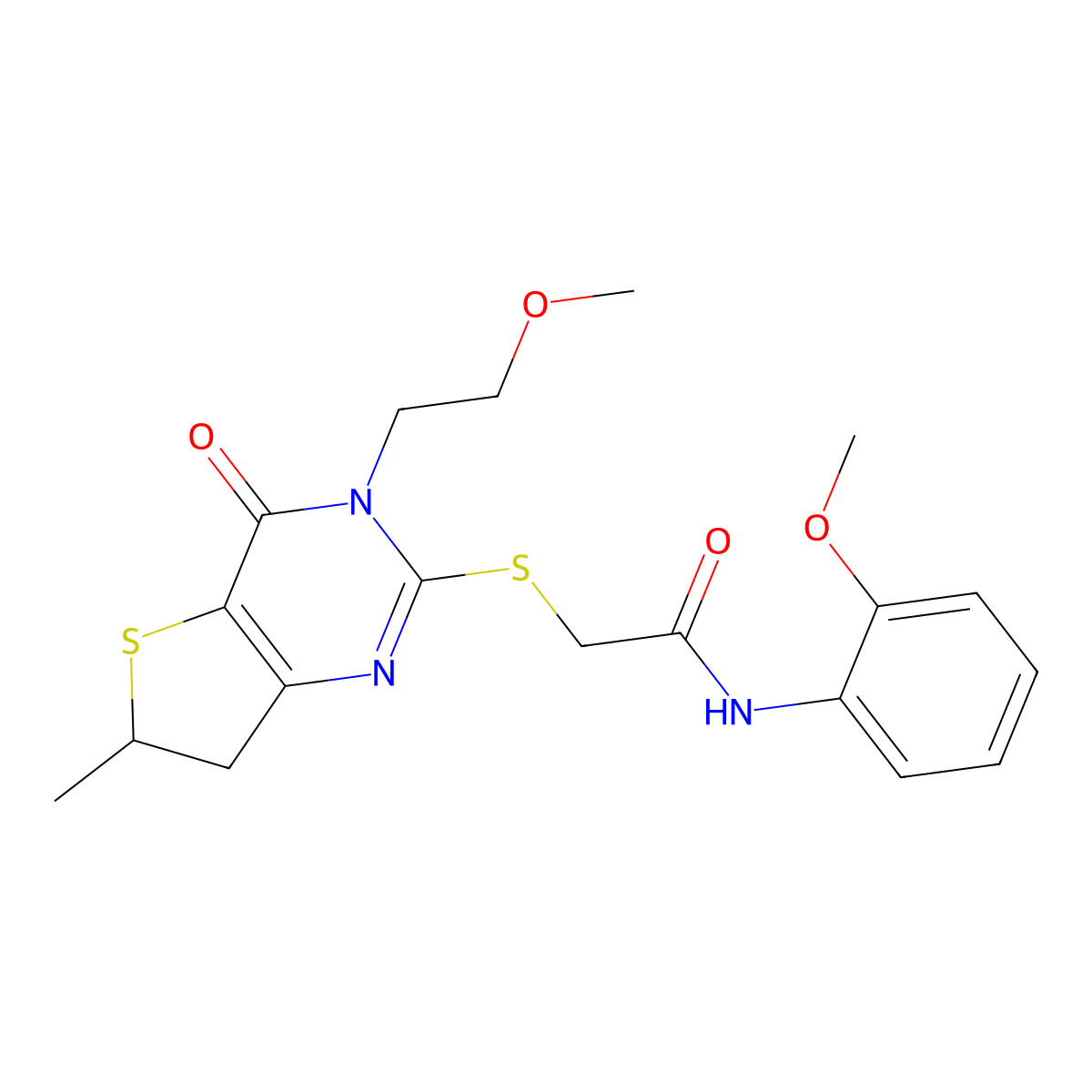 2-((3-(2-methoxyethyl)-6-methyl-4-oxo-3,4,6,7-tetrahydrothieno[3,2-d]pyrimidin-2-yl)thio)-N-(2-methoxyphenyl)acetamide molecular structure, CAS 851410-39-4