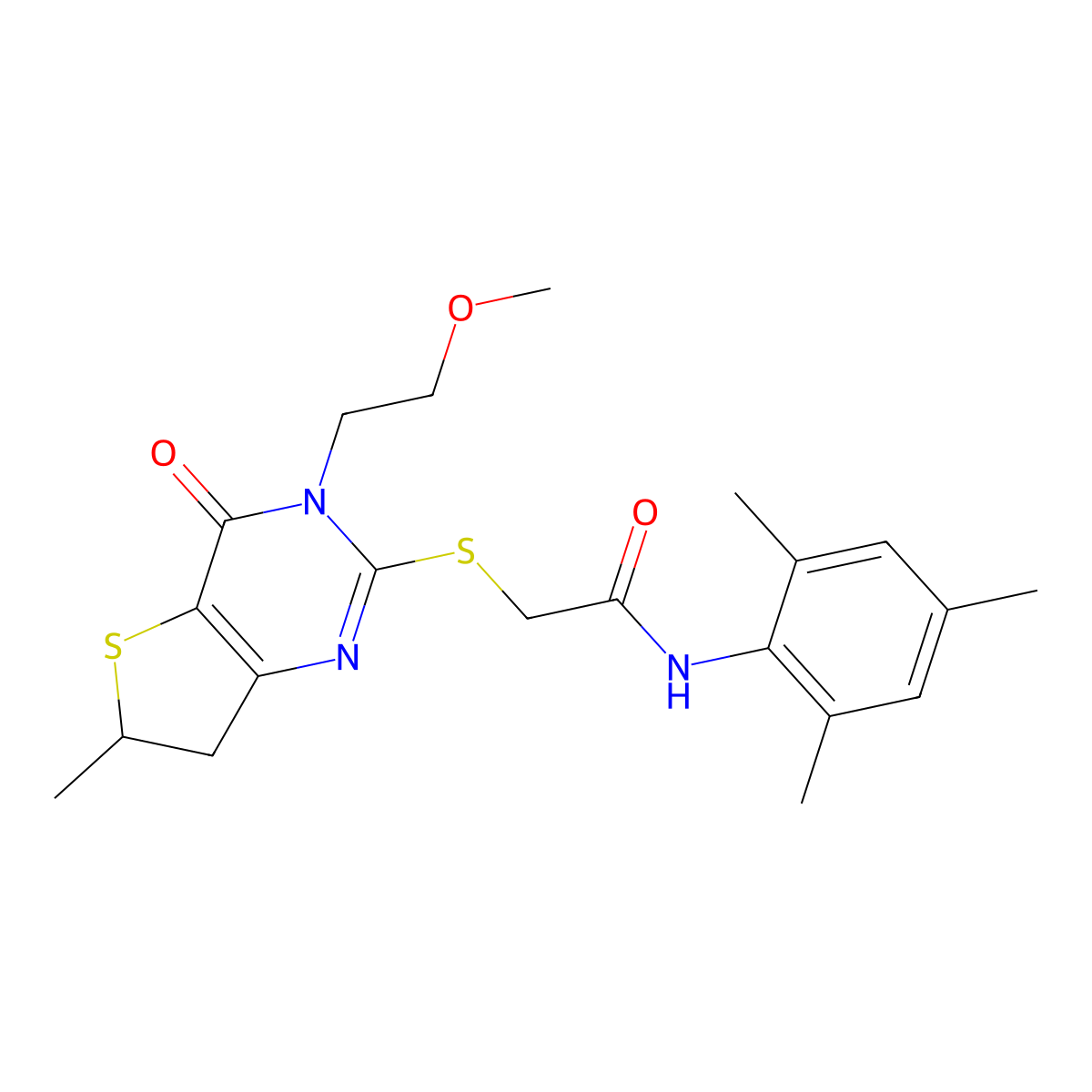 N-mesityl-2-((3-(2-methoxyethyl)-6-methyl-4-oxo-3,4,6,7-tetrahydrothieno[3,2-d]pyrimidin-2-yl)thio)acetamide molecular structure, CAS 851410-41-8