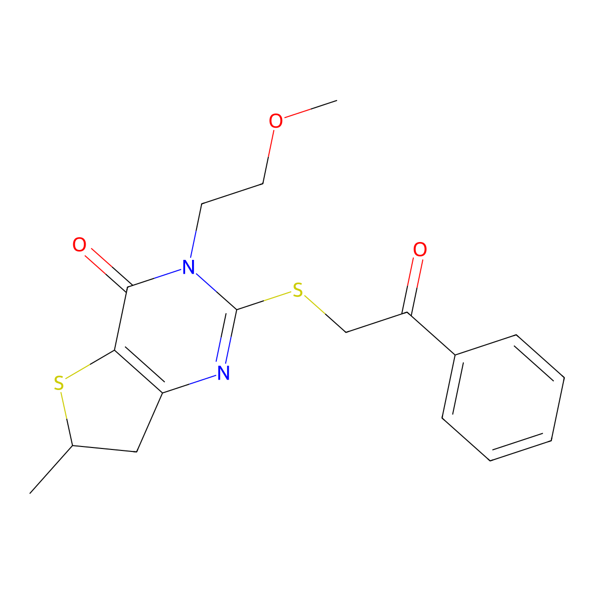 3-(2-methoxyethyl)-6-methyl-2-((2-oxo-2-phenylethyl)thio)-6,7-dihydrothieno[3,2-d]pyrimidin-4(3H)-one molecular structure, CAS 851410-43-0
