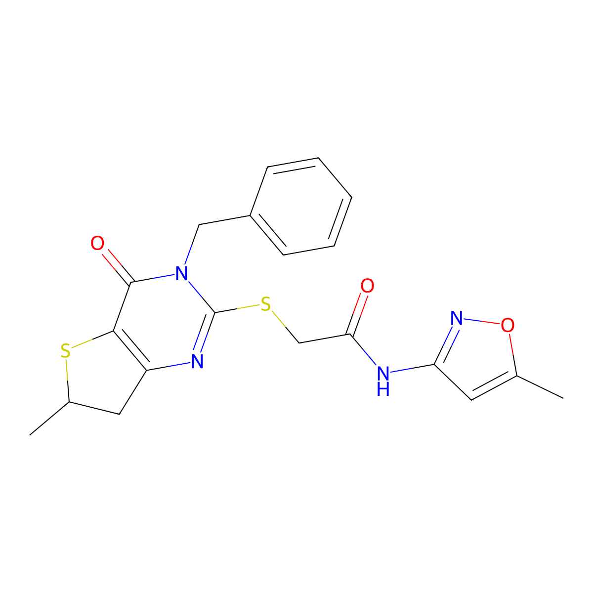 2-((3-benzyl-6-methyl-4-oxo-3,4,6,7-tetrahydrothieno[3,2-d]pyrimidin-2-yl)thio)-N-(5-methylisoxazol-3-yl)acetamide molecular structure, CAS 851410-49-6