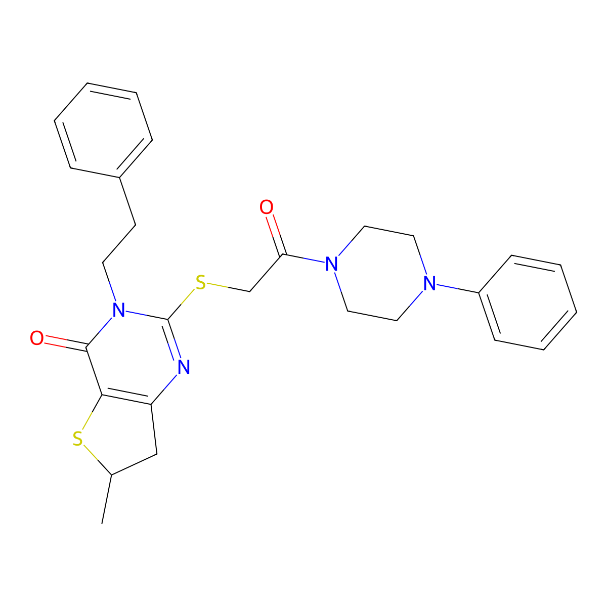 6-methyl-2-((2-oxo-2-(4-phenylpiperazin-1-yl)ethyl)thio)-3-phenethyl-6,7-dihydrothieno[3,2-d]pyrimidin-4(3H)-one molecular structure, CAS 851410-53-2