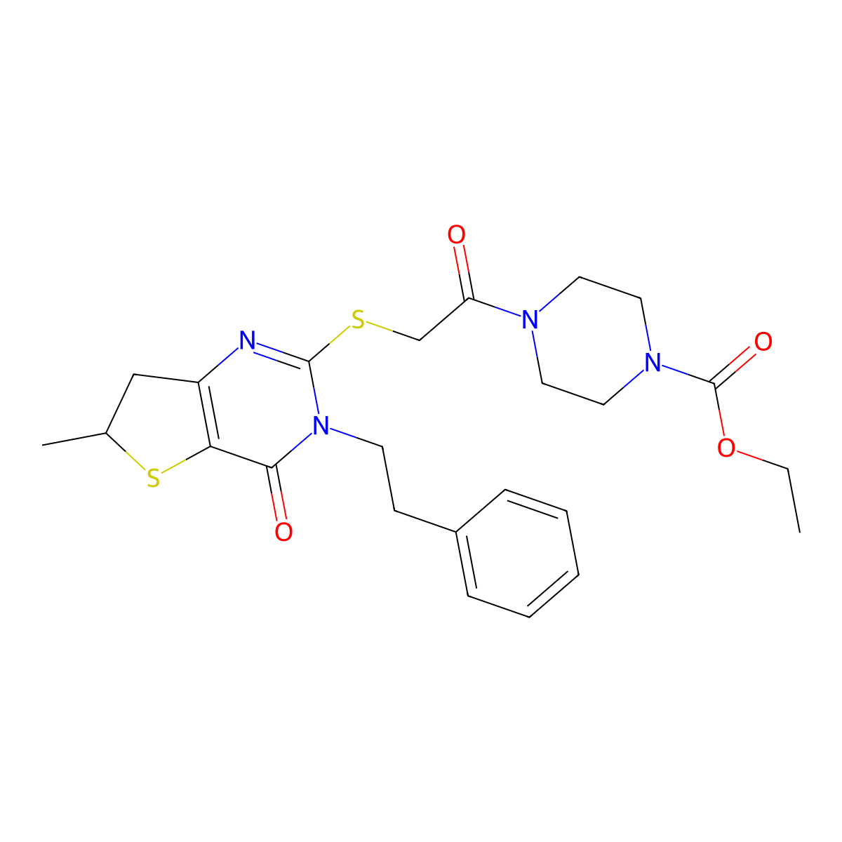 Ethyl 4-(2-((6-methyl-4-oxo-3-phenethyl-3,4,6,7-tetrahydrothieno[3,2-d]pyrimidin-2-yl)thio)acetyl)piperazine-1-carboxylate molecular structure, CAS 851410-54-3