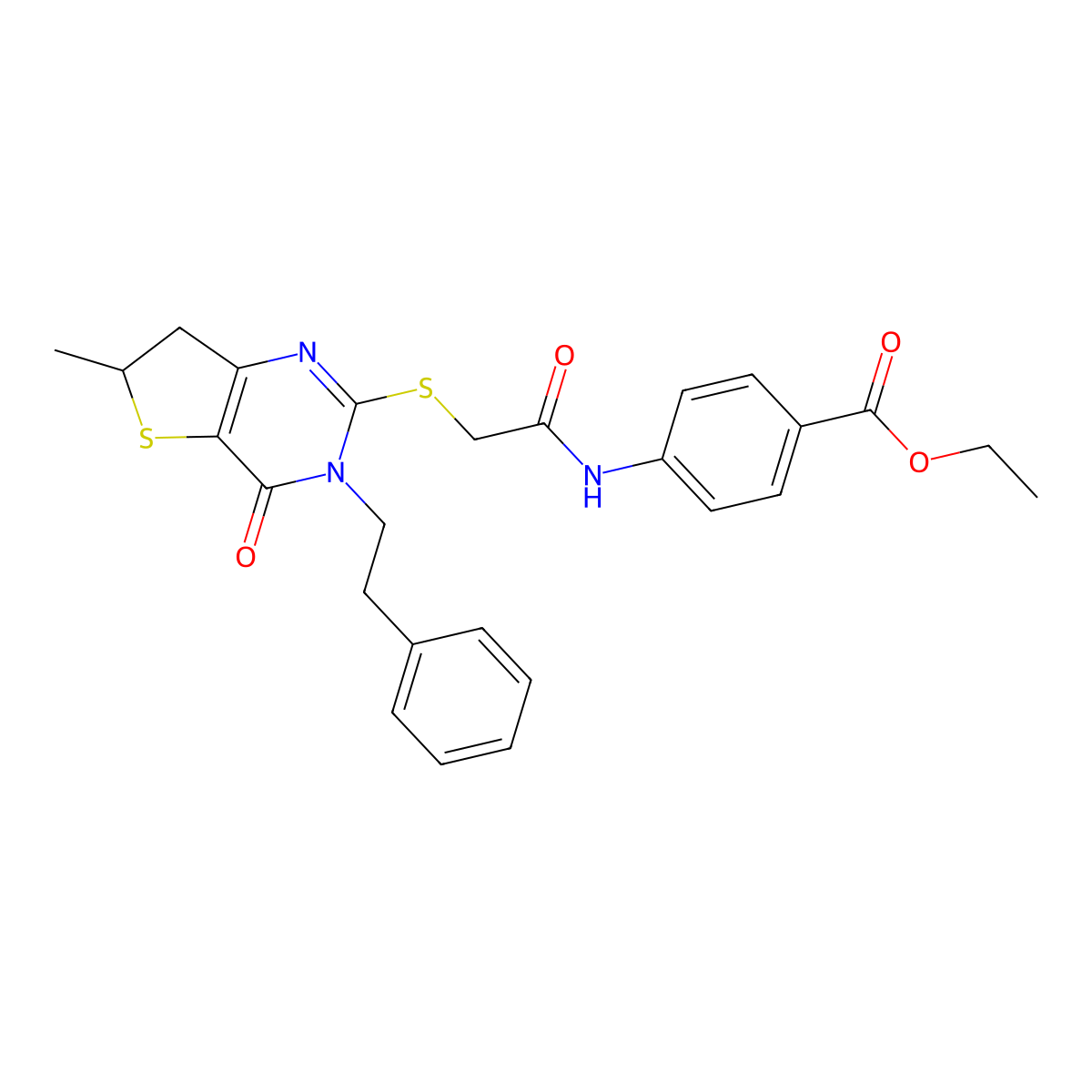 Ethyl 4-(2-((6-methyl-4-oxo-3-phenethyl-3,4,6,7-tetrahydrothieno[3,2-d]pyrimidin-2-yl)thio)acetamido)benzoate molecular structure, CAS 851410-56-5