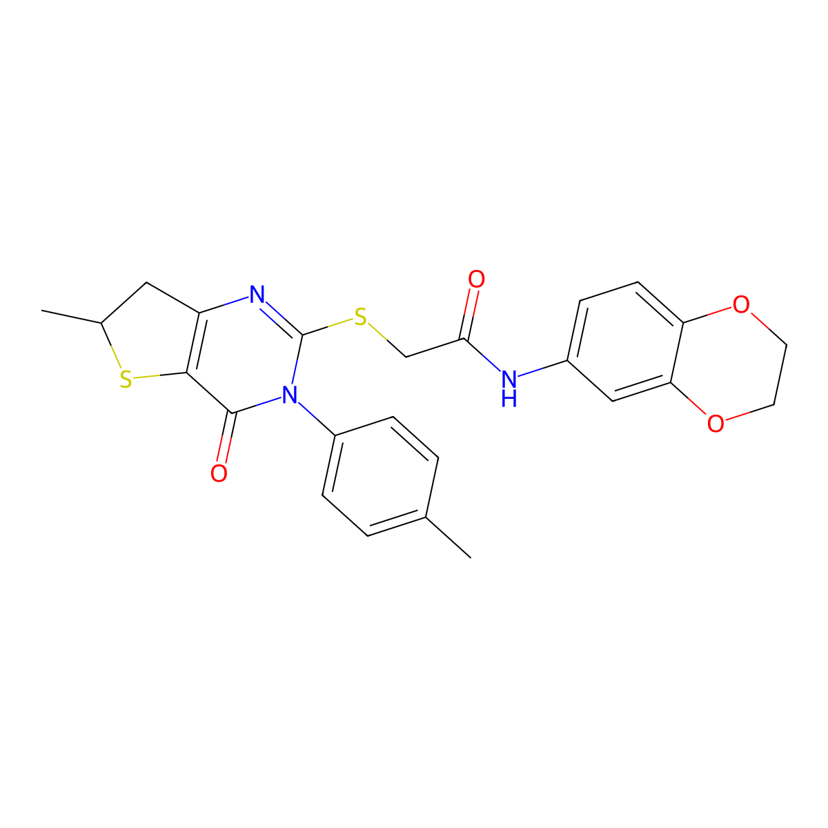 N-(2,3-dihydrobenzo[b][1,4]dioxin-6-yl)-2-((6-methyl-4-oxo-3-(p-tolyl)-3,4,6,7-tetrahydrothieno[3,2-d]pyrimidin-2-yl)thio)acetamide molecular structure, CAS 851410-66-7