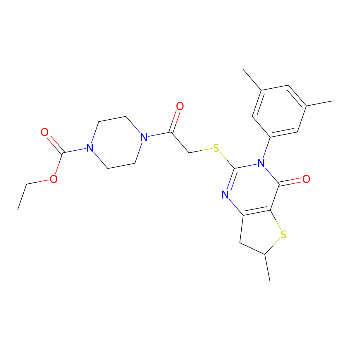 Ethyl 4-[2-[[3-(3,5-dimethylphenyl)-6-methyl-4-oxo-6,7-dihydrothieno[3,2-d]pyrimidin-2-yl]sulfanyl]acetyl]piperazine-1-carboxylate molecular structure, CAS 851410-69-0