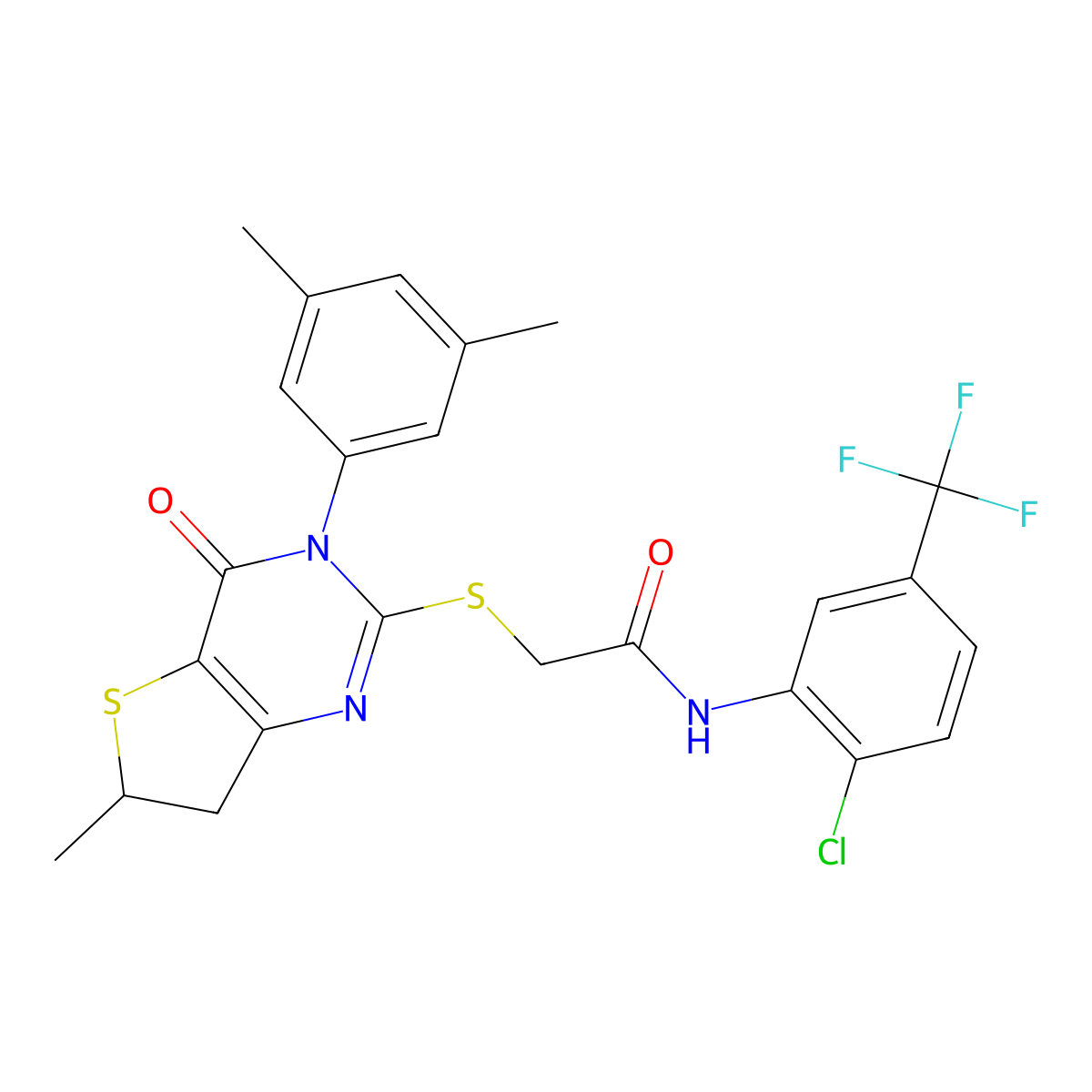 N-(2-chloro-5-(trifluoromethyl)phenyl)-2-((3-(3,5-dimethylphenyl)-6-methyl-4-oxo-3,4,6,7-tetrahydrothieno[3,2-d]pyrimidin-2-yl)thio)acetamide molecular structure, CAS 851410-71-4
