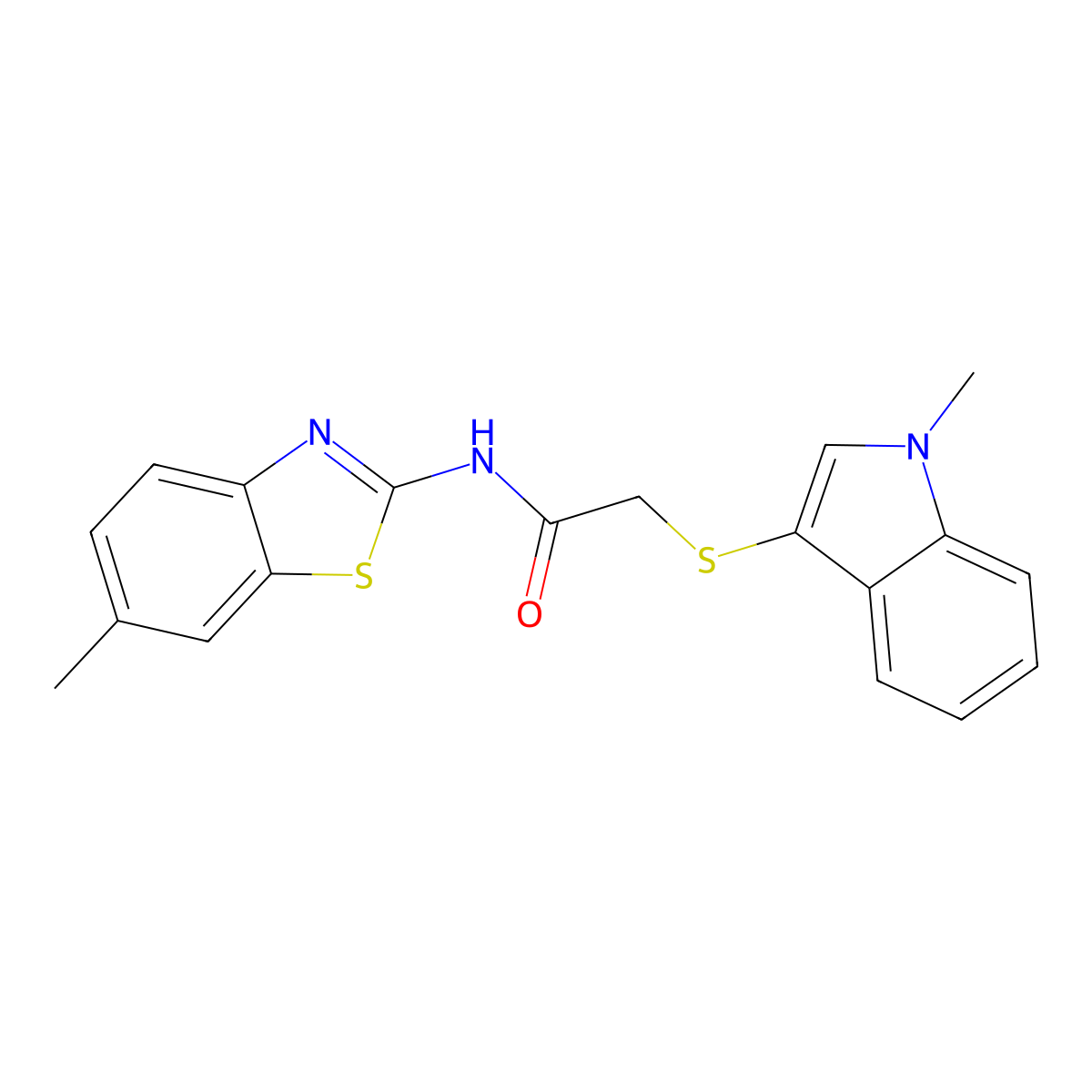2-((1-methyl-1H-indol-3-yl)thio)-N-(6-methylbenzo[d]thiazol-2-yl)acetamide molecular structure, CAS 851411-85-3