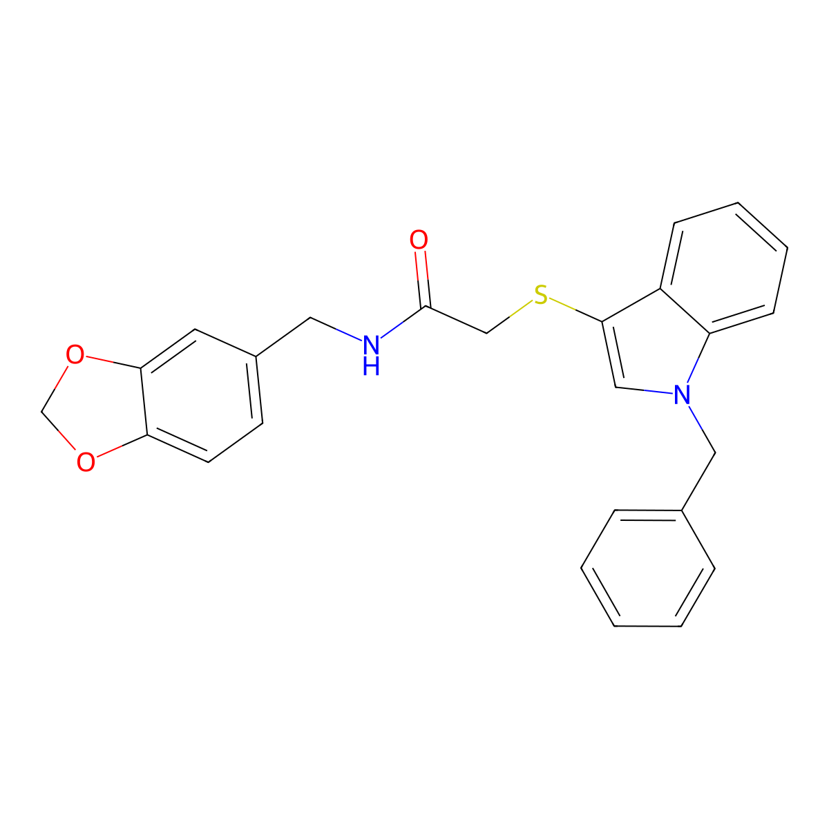 N-(benzo[d][1,3]dioxol-5-ylmethyl)-2-((1-benzyl-1H-indol-3-yl)thio)acetamide molecular structure, CAS 851412-27-6