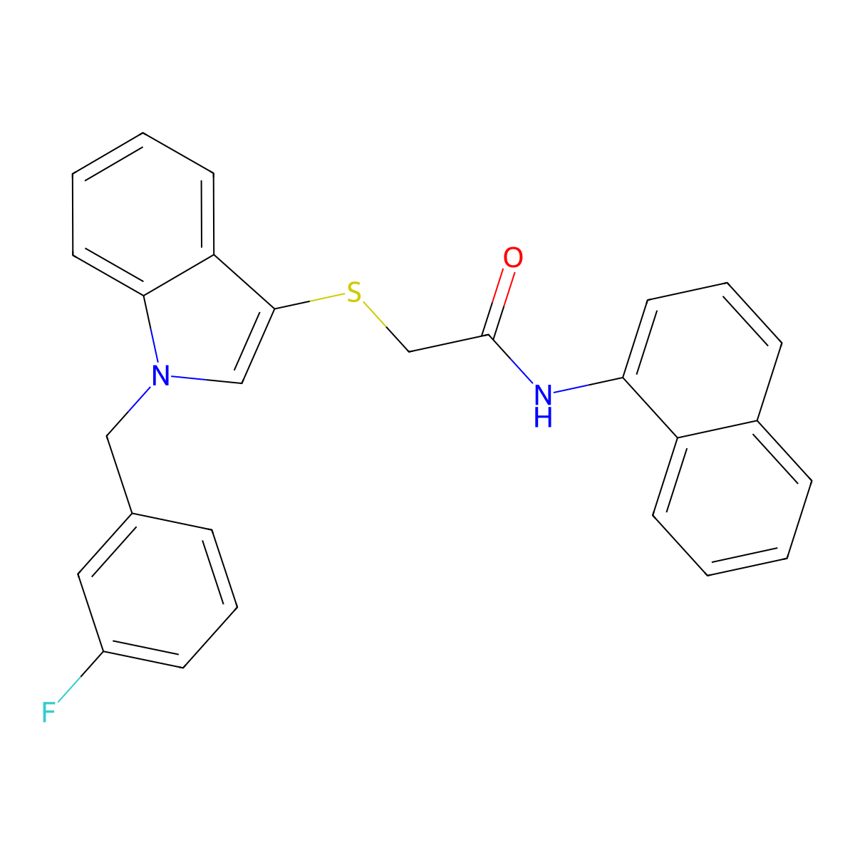 2-[1-[(3-fluorophenyl)methyl]indol-3-yl]sulfanyl-N-naphthalen-1-ylacetamide molecular structure, CAS 851412-35-6