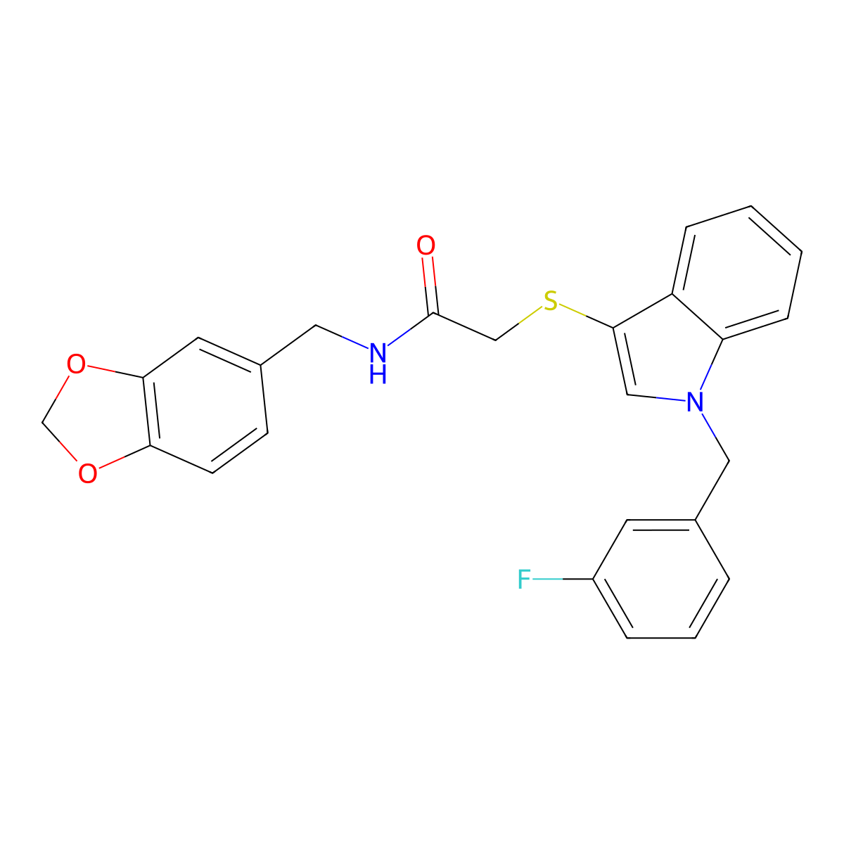 N-(1,3-benzodioxol-5-ylmethyl)-2-[1-[(3-fluorophenyl)methyl]indol-3-yl]sulfanylacetamide molecular structure, CAS 851412-40-3