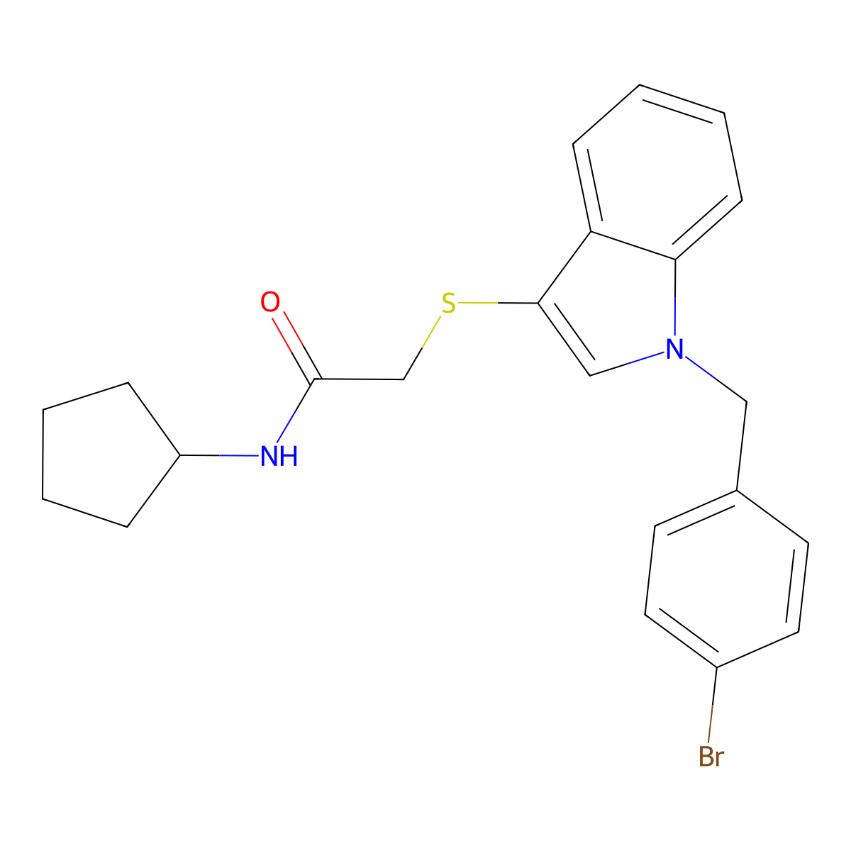 2-[1-[(4-bromophenyl)methyl]indol-3-yl]sulfanyl-N-cyclopentylacetamide molecular structure, CAS 851412-45-8