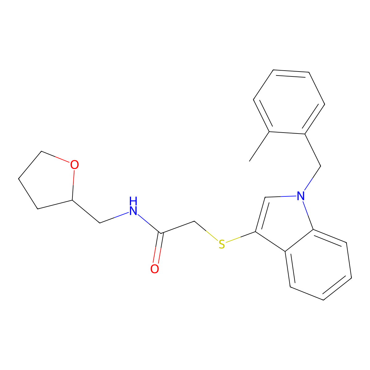 2-((1-(2-methylbenzyl)-1H-indol-3-yl)thio)-N-((tetrahydrofuran-2-yl)methyl)acetamide molecular structure, CAS 851412-47-0