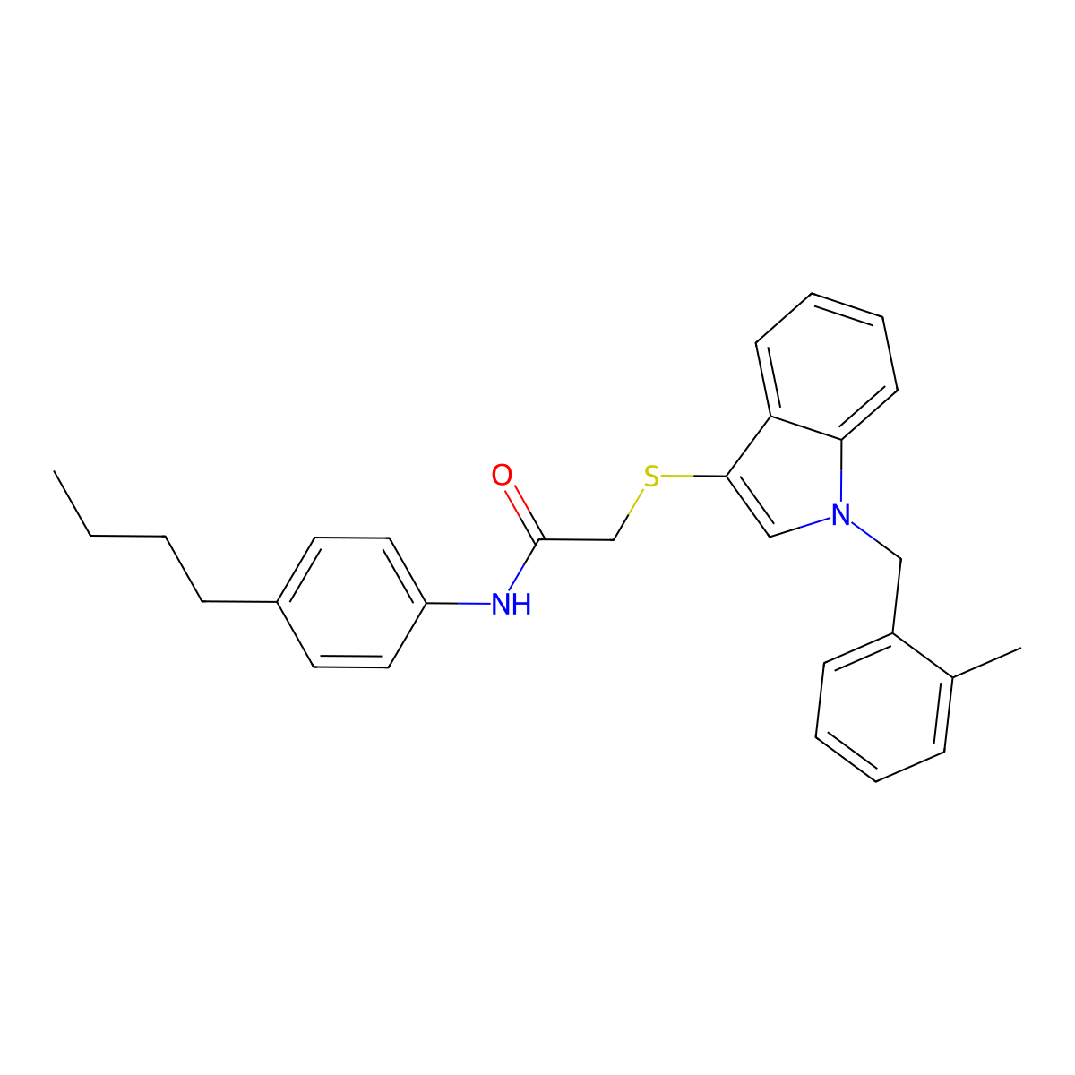 N-(4-butylphenyl)-2-((1-(2-methylbenzyl)-1H-indol-3-yl)thio)acetamide molecular structure, CAS 851412-49-2
